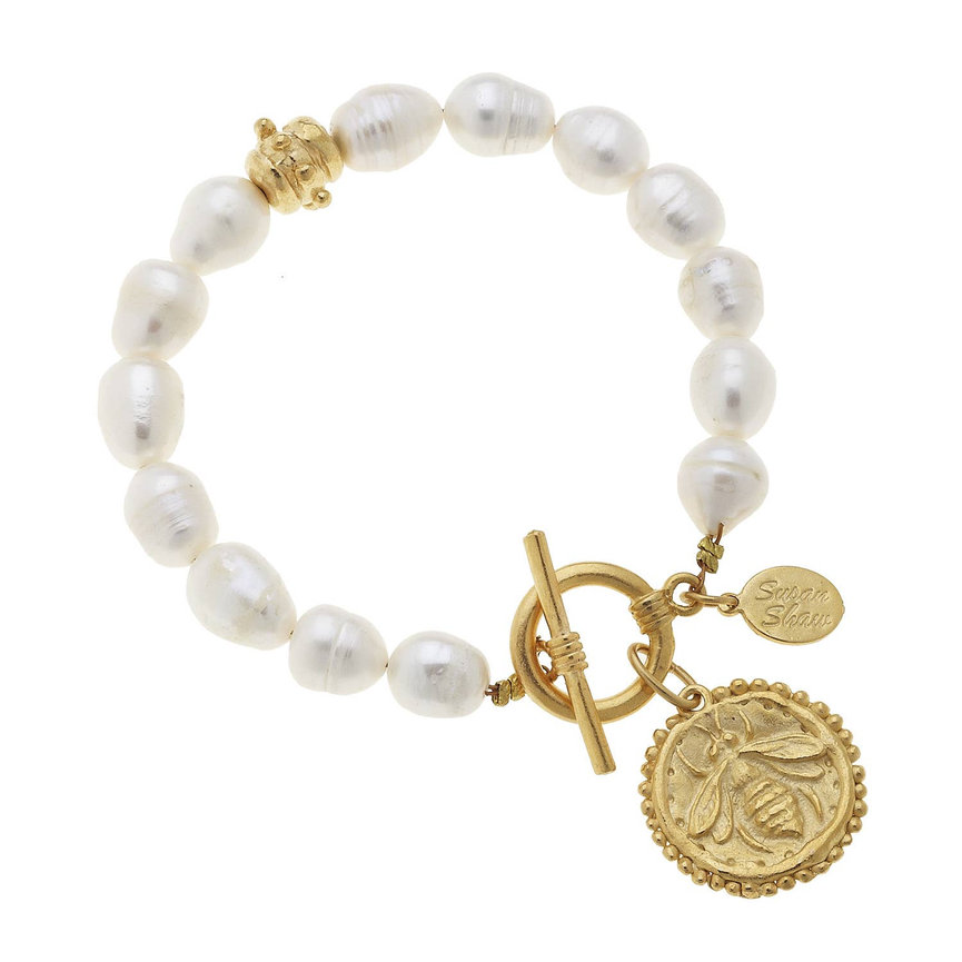 Gold Bee on Genuine Freshwater Pearl Bracelet