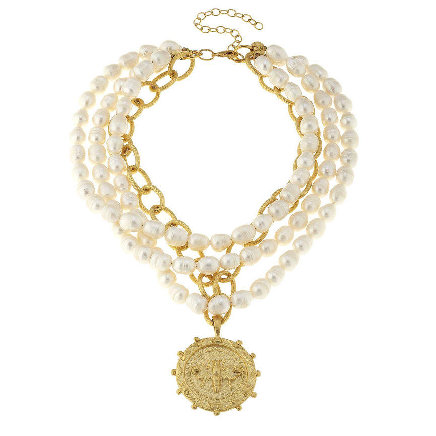 Bee on 3-Strand Genuine Freshwater Pearl Necklace