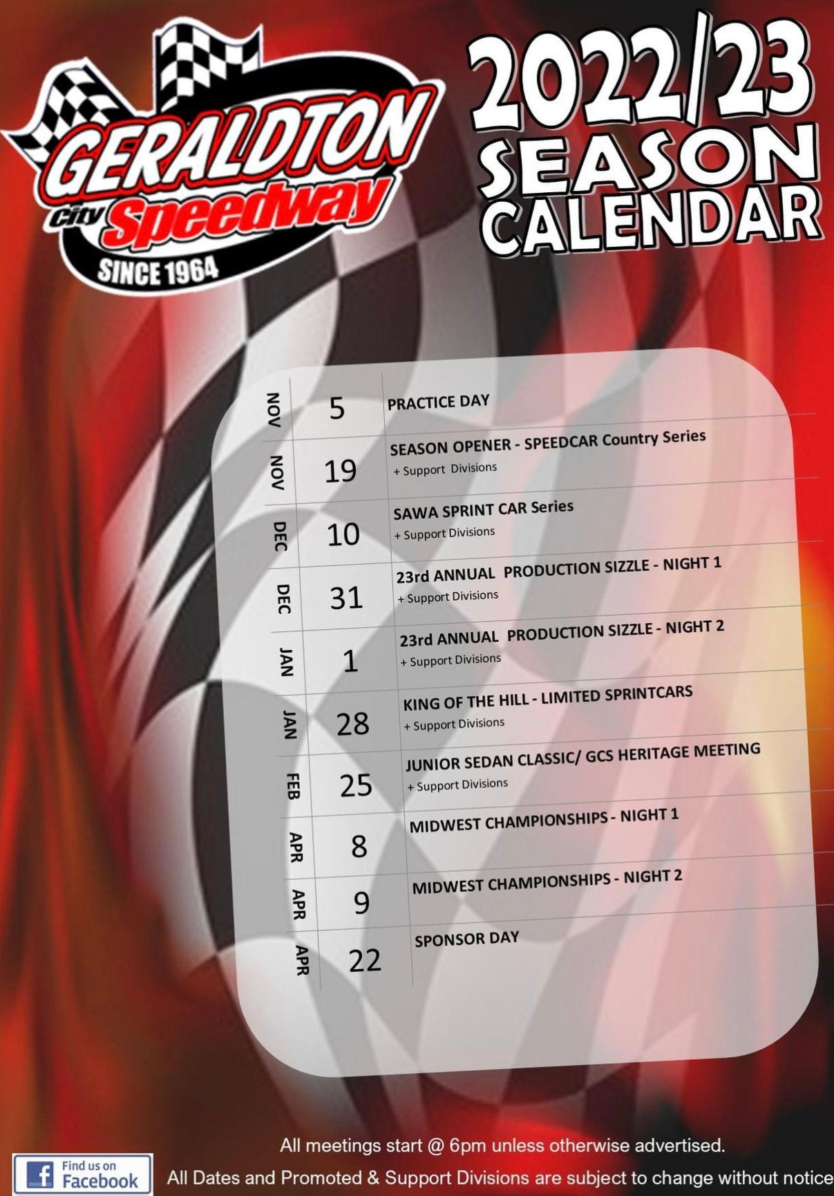 CALENDAR Geraldton City Speedway